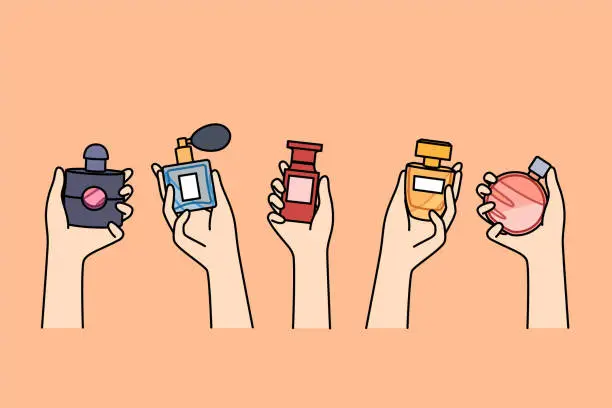 Vector illustration of Bottles of perfume in hands of women choosing new scent to create desired look when going to party