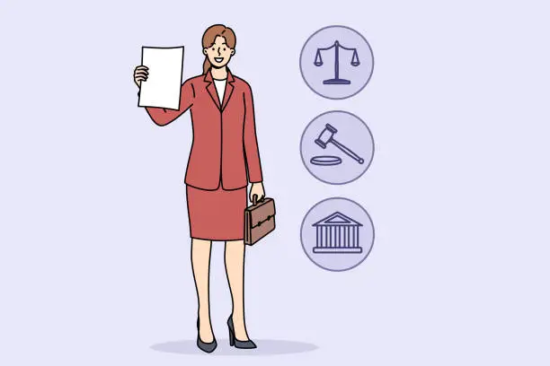 Vector illustration of Woman lawyer demonstrates court decision on absence of claims, standing near legal symbols