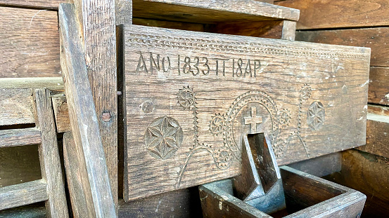 Medieval wood board engraved with ancient christian symbols from Transylvania