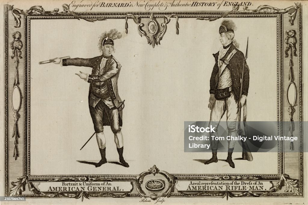 ANTIQUE AMERICAN General și portrete de pușcaș-om - militare 1783 imprimare - ilustrație de stoc 18th Century fără redevențe ANTIQUE AMERICAN General și portrete de pușcaș-om - militare 1783 imprimare - ilustrație de stoc 18th Century fără redevențe