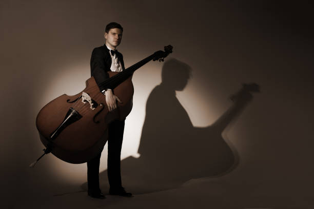 A man plays the double bass using a bow. He stands on the stage of the theater