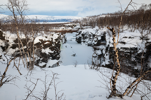 Spectacular winter view of Abisko River Canyon, northern Sweden.