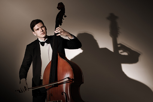 Double bass player playing contrabass with bow. Classical musician soloist portrait