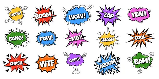 Vector illustration of Pow comic bubble collection. Sound dialogue speech bubbles with word - Crash, Oops, Yeah and other. Pop art expression in bright color and black outline.