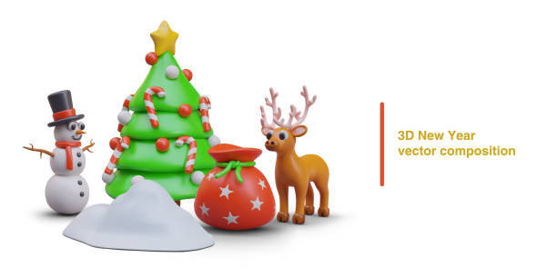 istock Decorated Christmas tree, snowdrift, deer, snowman, bag with gifts 2107601894