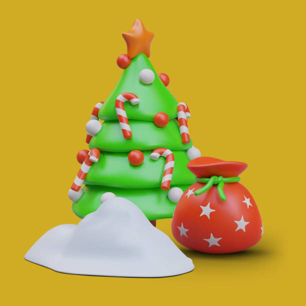 istock Poster with snowdrift, beautiful Christmas tree with candy cane toy and big red bag with present 2107604492