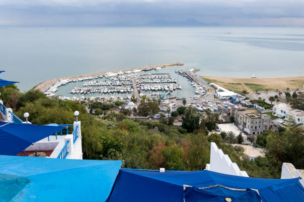 Seascape view of Sidi Bou Said, a picturesque town and popular tourist attraction situated in northern Tunisia, approximately 20 km northeast of the capital city, Tunis.