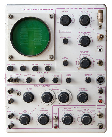 vimage of the front of an old cathode-ray oscilloscope with a white frame ideal for use as a background