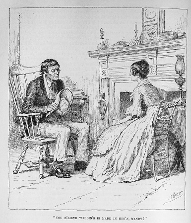 Illustration from Harper's Magazine Volume LXXIV -December 1886-May 1887 : -   A man sits in a Windsor chair with his hat in his hands and discusses marriage with a young woman.