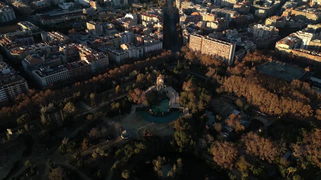 Aerial view of Caro de la Aurora fountain in Barcelona Spain.