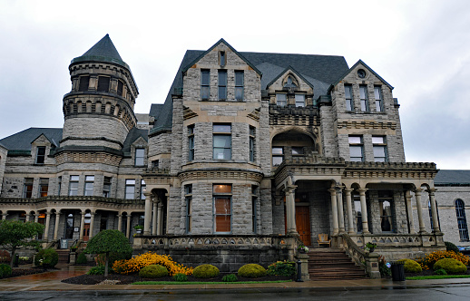 Mansfield, OH, USA, Sept. 12, 2023: Administrative building and warden's quarters at the former Ohio State Reformatory in Mansfield, now a popular tourist attraction and filming location for movies including The Shawshank Redemption and Air Force One.