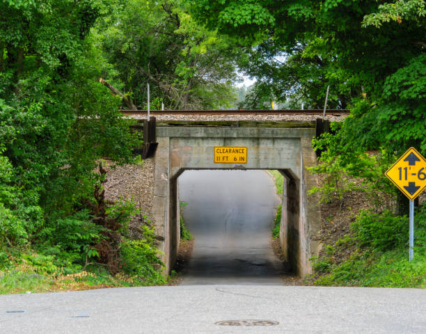 istock Single lane underpass road short tunnel under a railroad track, nature meets architecture. 2107704256