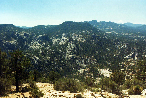 The desolated Manter Creek Canyon with Church Dome for the distant horizon as seen from the summit of White Dome in the Domeland Wilderness Area of Sequoia National Forest.