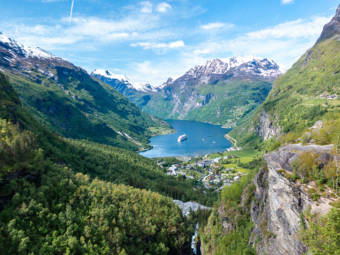 High Aerial view of the famous Gierangerfjord from the Dalsnibba Pass mountain view vantage point of the snow capped mountain