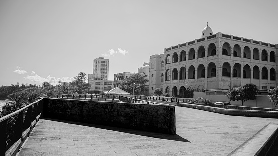 Old San Juan Skyline, historic district, and landmark buildings in Puerto Rico, a retro-style black and white photo