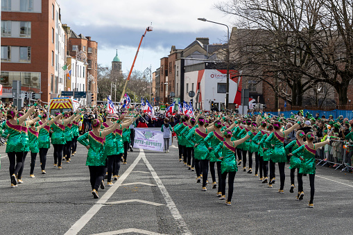 The Stepperettes from Omaha Nebraska in the St. Patricks Day Parade, Dublin, 2024