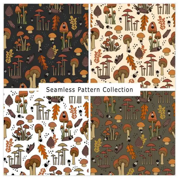 Vector illustration of Mushrooms and Beetle Pattern Collection