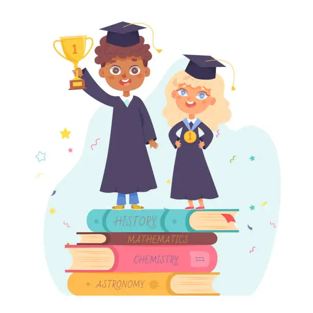 Vector illustration of Kids graduates with rewards for graduation achievement, students in gowns celebrate