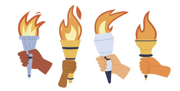 Vector illustration of Flaming torches in hands set isolated on white background. Symbol of sport, games, victory and champion competition with different people race palm. Vector flat illustration