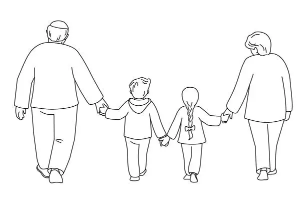 Vector illustration of Grandparents are walking together with grandchildren.