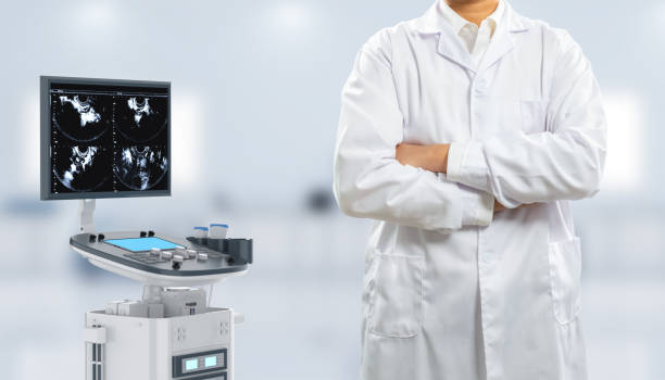 istock Ultrasound machine with sonographer in laboratory 2107894571