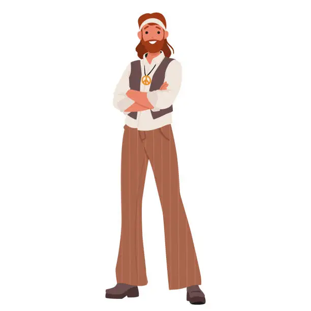 Vector illustration of Hippie Man Subculture Emerged In The 1960s, Advocating Peace, Love, And Anti-establishment Values, Vector Illustration