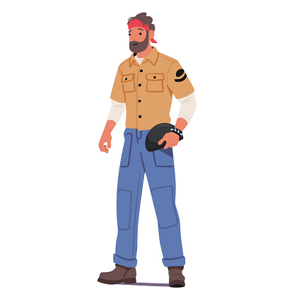 Biker Man Subculture, Rebellious And Free-spirited Bearded Male Character with Helmet In Hand, Embraces Open Road, Reflecting A Sense Of Adventure And Camaraderie. Cartoon People Vector Illustration