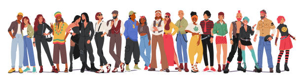 illustrations, cliparts, dessins animés et icônes de différentes personnes de la sous-culture. hipster, punk, hippie, goth et emo, dandy skinhead, biker, rastaman reggae avec hip hopper - dandy