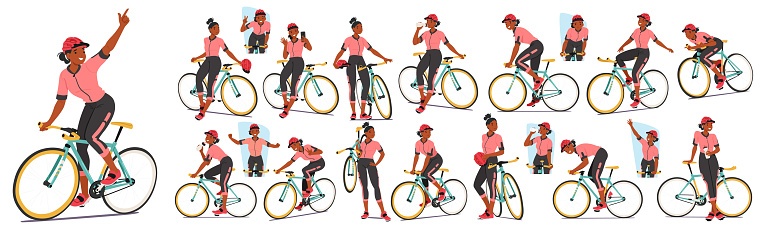 Sportswoman Cyclist Engages In Rigorous Training, Focusing On Endurance, Strength And Speed. Participate In Races, Conquer Challenging Terrains And Refine Techniques For Peak Performance, Vector Set