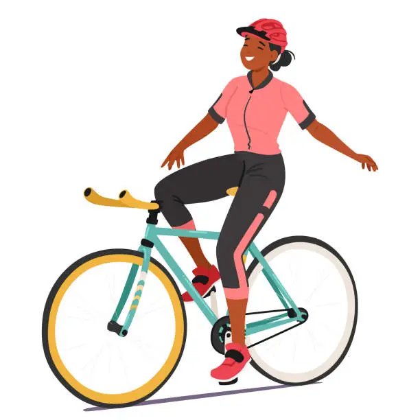 Vector illustration of Sportswoman Cyclist Gracefully Rides, Arms Outstretched, Embodying Triumph And Freedom, Vector Illustration