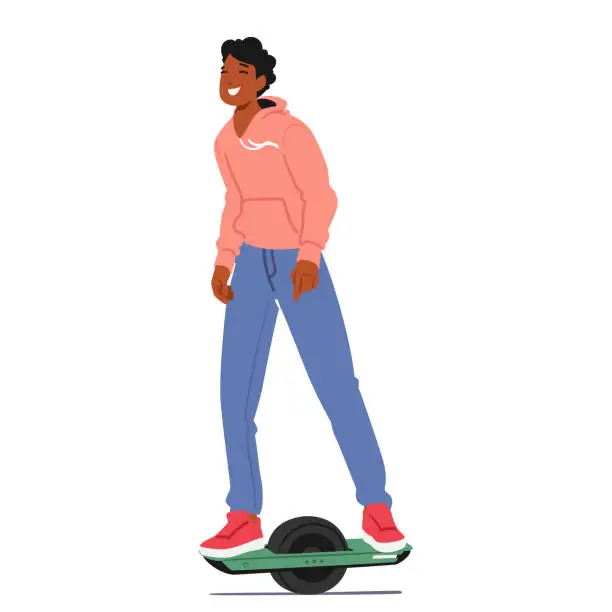 Vector illustration of Teenager Male Character Glides Effortlessly On A Onewheel, Mastering Balance With Ease, Showcasing Impressive Agility