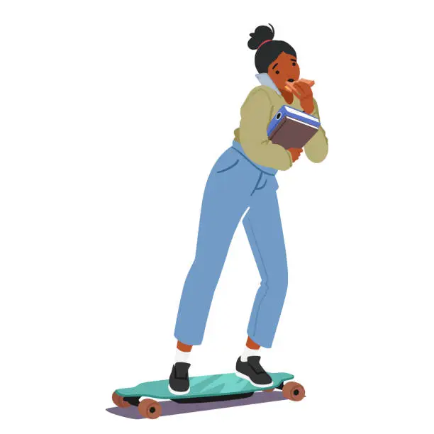 Vector illustration of Teenage Girl Character Effortlessly Rides Her Electric Skateboard, Multitasking As She Enjoys A Snack And Chats