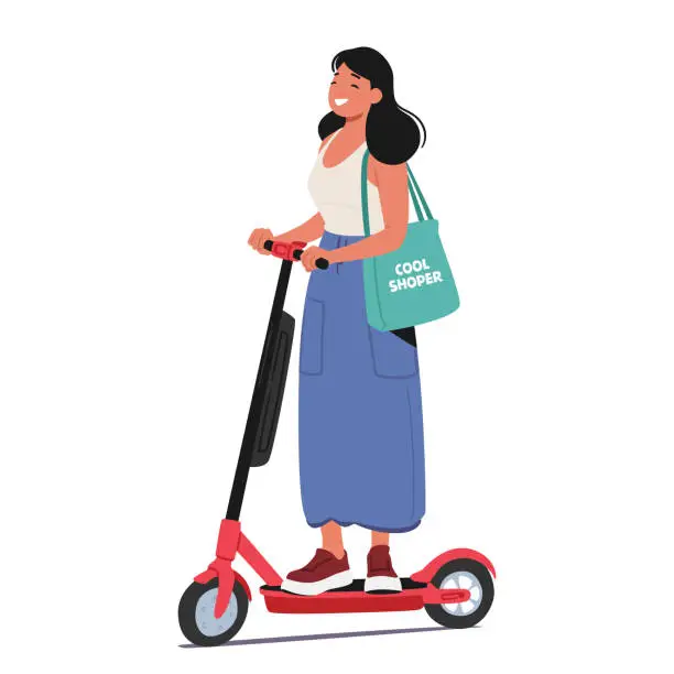 Vector illustration of Woman Glides Smoothly Through The City Streets On An Electric Scooter, Embodying Urban Mobility And Eco-friendly Travel