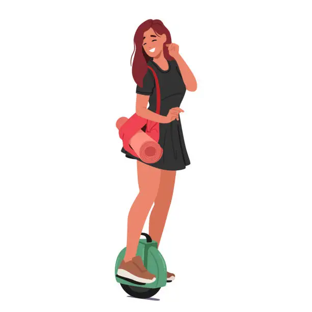 Vector illustration of Woman Balances Gracefully On An Electric Unicycle, With A Yoga Mat Tucked In Her Bag. Young Female Character Hurrying