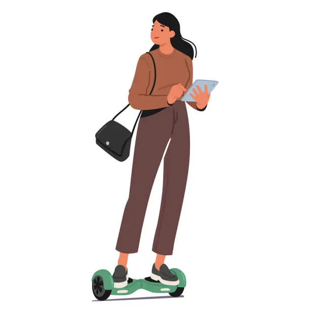 Vector illustration of Woman Glides Effortlessly On A Hoverboard, Her Focus Locked On The Tablet Pc In Her Hands, Embodying Multitasking