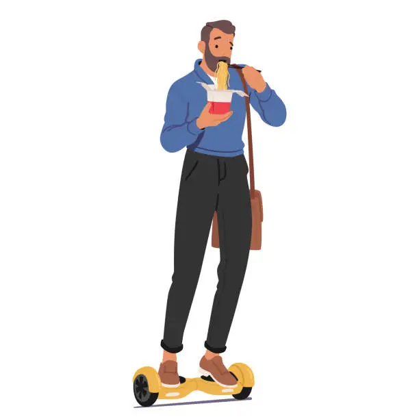 Vector illustration of Man Character Glides Effortlessly On A Sleek Hoverboard, Expertly Balancing A Box Of Steaming Wok Noodles
