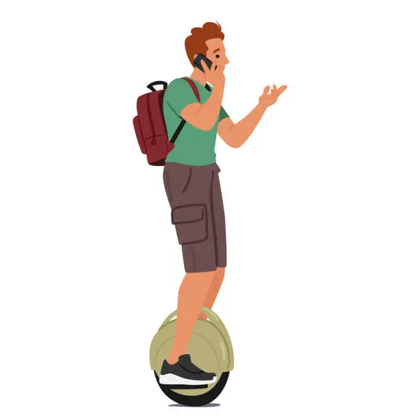 Vector illustration of Teenage Boy Masterfully Balances On Electric Unicycle, Zipping Through The Cityscape While Chatting On His Phone
