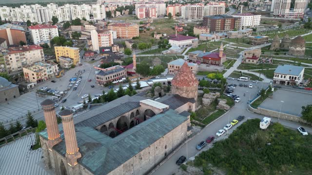 Double Minaret Madrasa and Erzurum Castle video from drone in Turkey
