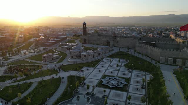 Double Minaret Madrasa and Erzurum Castle video from drone in Turkey