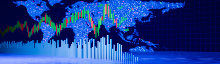 Candlestick chart Investing in the stock market. The running graph represents transactions, buying and selling all the time. Digital or online speculative trading for use as a background or wallpaper.