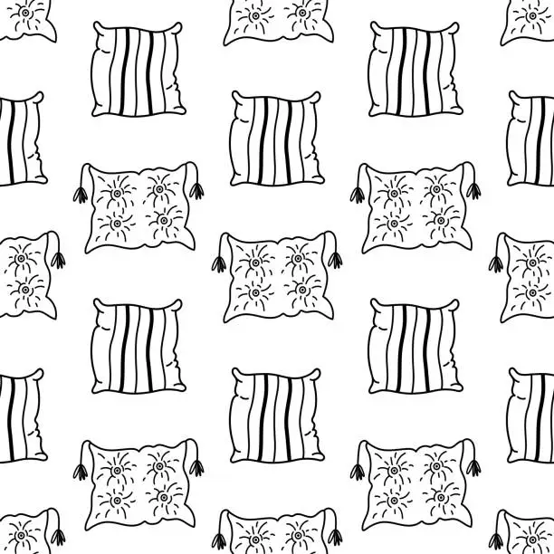 Vector illustration of Pillow seamless vector pattern. Black and white bedroom accessories with tassels, folds, stripes. Home cushion for bed, sofa. Feather pad. For sleep, dream, relax, nap. Hand drawn doodle background