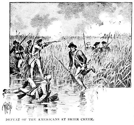 Battle of Brier Creek, Georgia,  was an American Revolutionary War battle fought on March 3, 1779. Illustration published 1895. Copyright expired; artwork is in Public Domain.