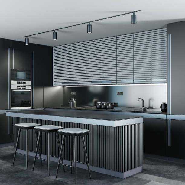 istock Black and Silver metallic Modern minimalist kitchen with long island with stools. Dark materials. 2107939170