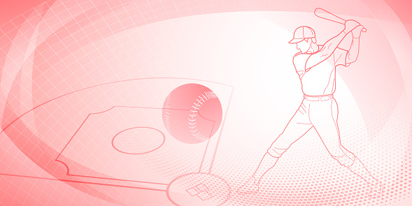 Baseball themed background in red tones with abstract dots, lines and curves, with silhouettes of a baseball field, ball and batsman