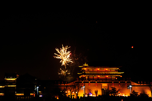 The fireworks in the ancient city of Chinese New Year celebration