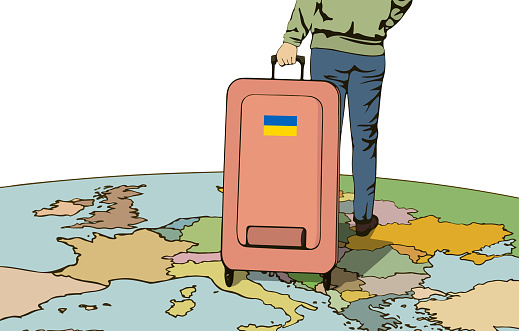 A Ukrainian woman with a suitcase on wheels walks along the map of Europe. The concept of refugees, migration, emigration from Ukraine. Vector image, illustration.