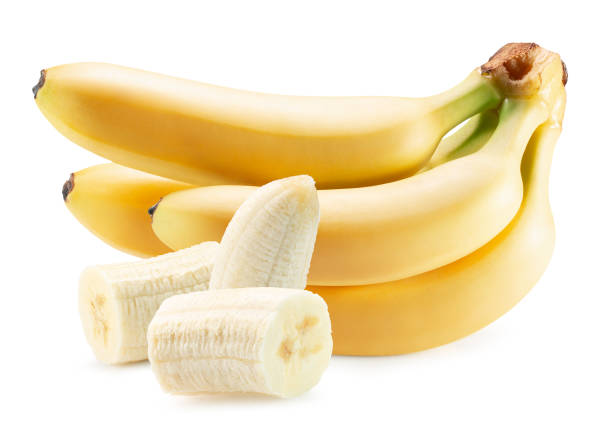 istock bananas with slices isolated on the white background. Clipping path 2108042988