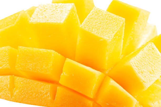 istock juicy mango slices isolated on the white background. Clipping path 2108048158