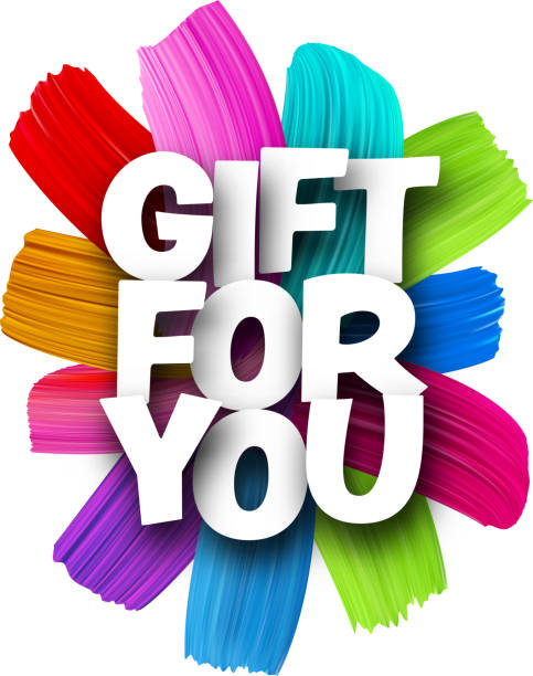istock Gift for you paper word sign with colorful spectrum paint brush strokes over white. 2108111468