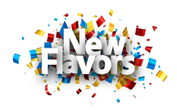 Vector illustration of New flavors sign with colorful cut out foil ribbon confetti background.